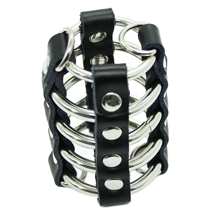 OHMAMA FETISH - CAGE PÉNIS AVEC ANNEAUX MÉTALLIQUES ET SANGLE EN CUIR