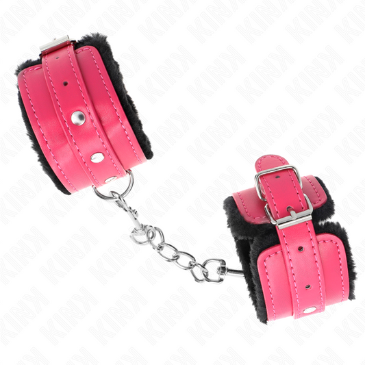 KINK - APPUI-POIGNETS DOUBLÉS DE FOURRURE PREMIUM NOIR AVEC CEINTURE ROSE FRAMBOISE AJUSTABLE 17-29 CM X 6 CM - 7eme ciel