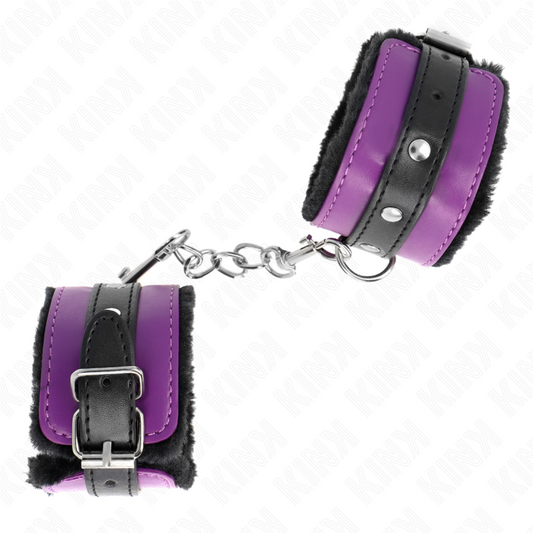 KINK - APPUI-POIGNETS DOUBLÉS DE FOURRURE PREMIUM NOIR AVEC CEINTURE VIOLET / NOIRE RÉGLABLE 17-29 CM X 6 CM - 7eme ciel