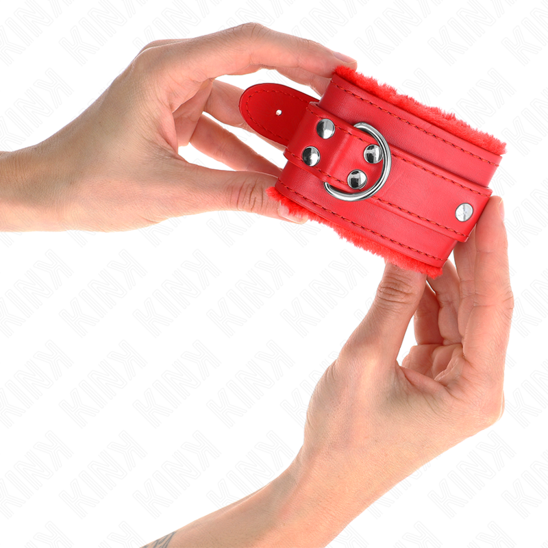 KINK - APPUI-POIGNETS DOUBLÉS DE FOURRURE ROUGE AVEC CEINTURE ROUGE RÉGLABLE 17-29 CM X 6 CM - 7eme ciel