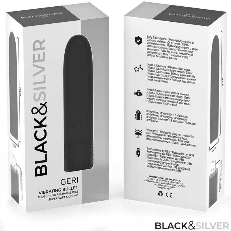 BLACK & SILVER - GERI BULLET VIBRANT RECHARGEABLE USB 8 VIBRATIONS NOIR 10 X 2,2 CM - 7eme ciel