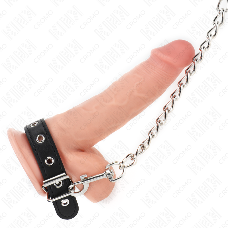 KINK - ANNEAU PÉNIS EN CUIR AVEC SANGLE 21,5 X 2 CM ET CHAÎNE EN MÉTAL 60 CM - 7eme ciel