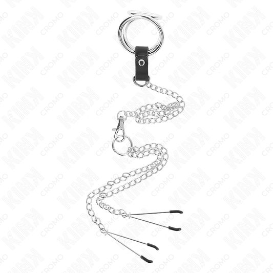 KINK - ANNEAU PÉNIS EN MÉTAL TRIPLE CHROME 3 CM À 4,5 CM AVEC CHAÎNE EN MÉTAL DE 26 CM ET PINCES À TÉTONS - 7eme ciel