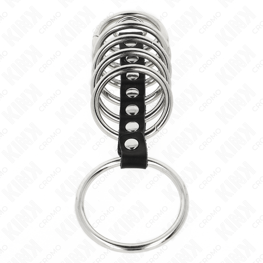 KINK - 7 ANNEAUX PÉNIS EN MÉTAL DE 3,2 CM À 5 CM CONNECTÉS PAR DU CUIR - 7eme ciel
