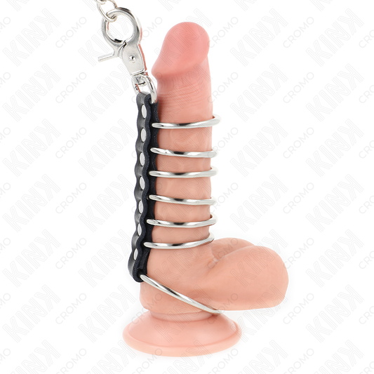 KINK - 7 ANNEAUX PÉNIS EN MÉTAL DE 3,8 CM À 5 CM CONNECTÉS AVEC DU CUIR ET UNE CHAÎNE EN MÉTAL 100 CM