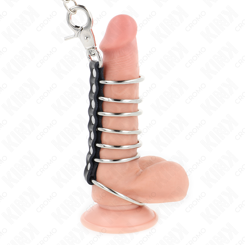 KINK - 7 ANNEAUX PÉNIS EN MÉTAL DE 3,8 CM À 5 CM CONNECTÉS AVEC DU CUIR ET UNE CHAÎNE EN MÉTAL 100 CM - 7eme ciel