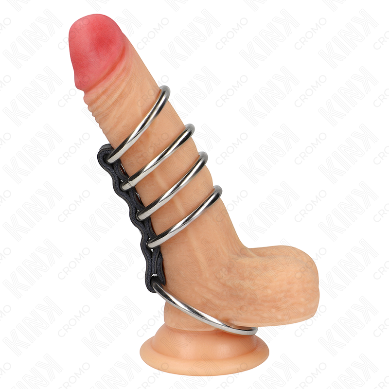 KINK - 5 ANNEAUX PÉNIS DE 3,7 CM À 5 CM EN MÉTAL RELIES PAR DU CUIR - 7eme ciel