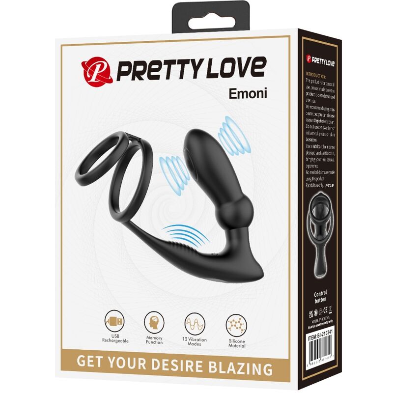 PRETTY LOVE - ANNEAU PÉNIS EMONI + PLUG ANAL 12 VIBRATIONS NOIR - 7eme ciel