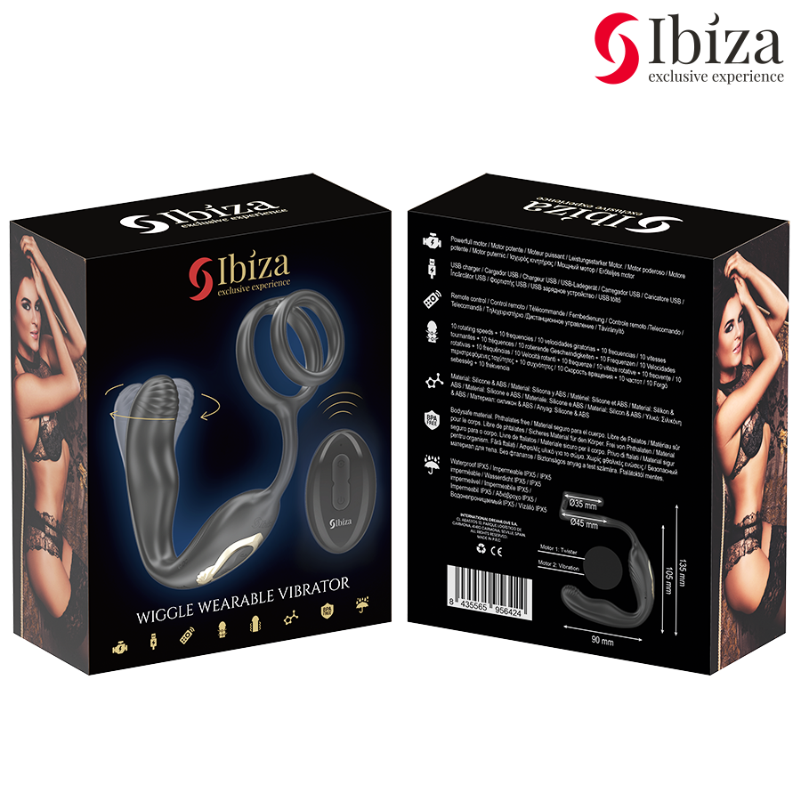 IBIZA - Plug anal rotatif télécommandé WIGGLE avec vibrations périnéales et anneaux rehaussant le pénis - 7eme ciel