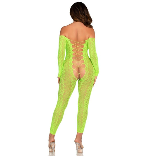 LEG AVENUE - BODYSTOCKING SANS FOURCHE EN DENTELLE SERPENT EXOTIQUE VERT FLUO - 7eme ciel