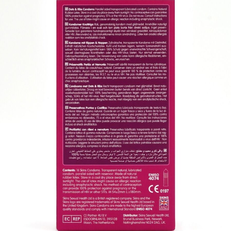 SKINS - PACK DE 16 PRÉSERVATIFS PREMIUM DOTS & RIBS - 7eme ciel