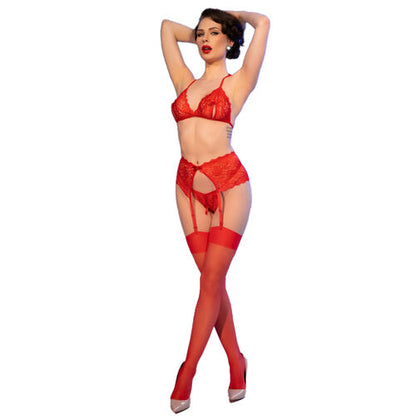 CHILIROSE - CR 4848 ENSEMBLE SOUTIEN-GORGE + STRING + BAS EN DENTELLE ROUGE S