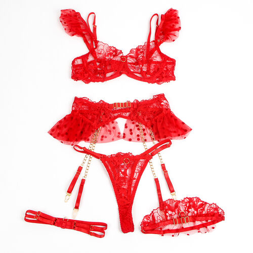 SUBBLIME - 957506 ENSEMBLE SOUTIEN-GORGE ET JARRETELLE EN DENTELLE ROUGE S/M