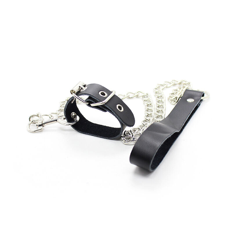 OHMAMA FETISH - COLLIER PÉNIS ET BRACELET EN CUIR AVEC CHAÎNE MÉTALLIQUE - 7eme ciel