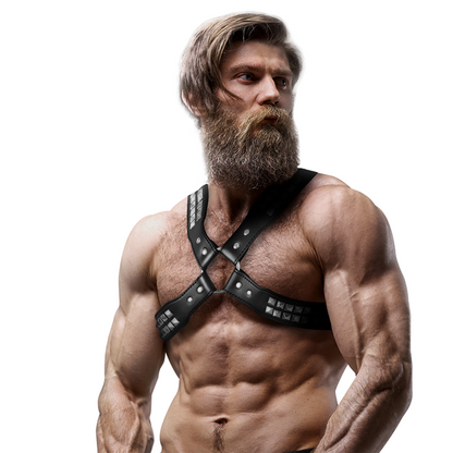 FETISH SUBMISSIVE ATTITUDE - HARNAIS EN CUIR ÉCOLOGIQUE POUR HOMMES  POITRINE CROISÉE AVEC RIVETS