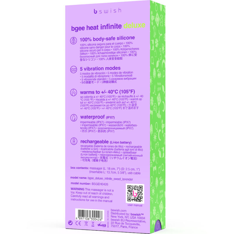 B SWISH - VIBRATEUR RECHARGEABLE BGEE HEAT INFINITE DELUXE LAVANDE SILICONE - 7eme ciel