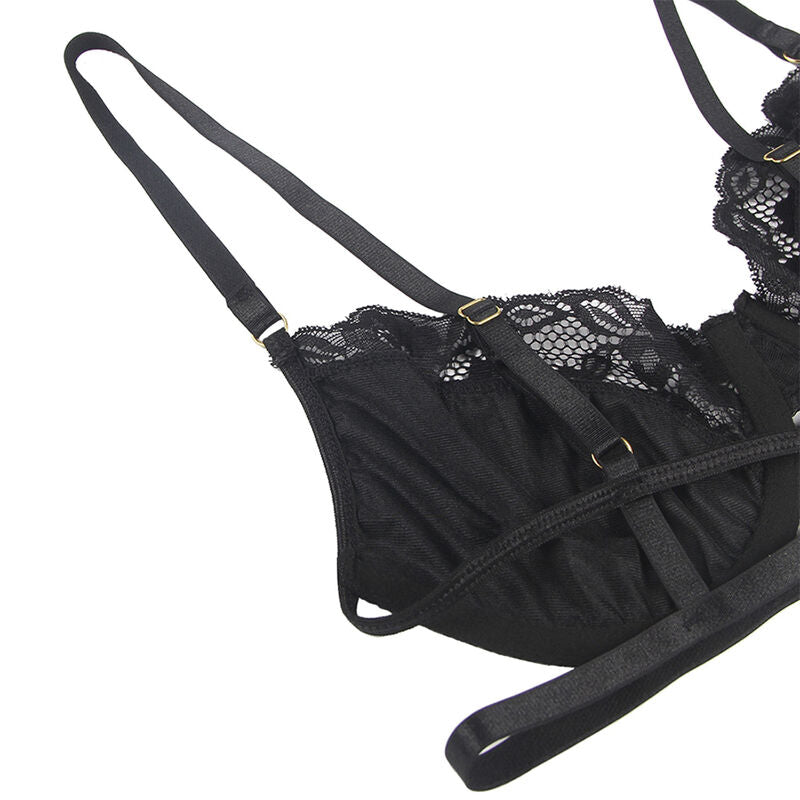 SUBBLIME - ENSEMBLE 3 PIÈCES SOUTIEN-GORGE + STRING + JARRETIÈRE DENTELLE NOIR S/M - 7eme ciel