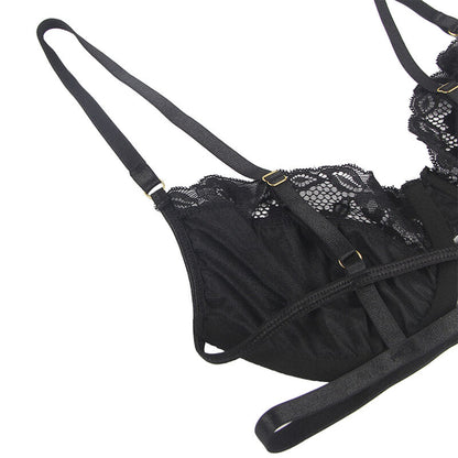 SUBBLIME - ENSEMBLE 3 PIÈCES SOUTIEN-GORGE + STRING + JARRETIÈRE DENTELLE NOIR S/M - 7eme ciel