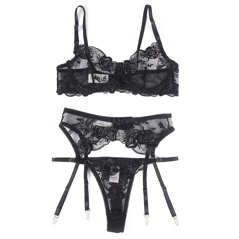 SUBBLIME - ENSEMBLE 3 PIÈCES SOUTIEN-GORGE + STRING + JARRETIÈRE IMPRIMÉ FLORAL NOIR S/M - 7eme ciel