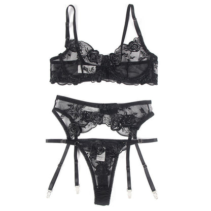 SUBBLIME - ENSEMBLE 3 PIÈCES SOUTIEN-GORGE + STRING + JARRETIÈRE IMPRIMÉ FLORAL NOIR S/M - 7eme ciel