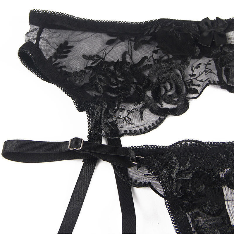 SUBBLIME - ENSEMBLE 3 PIÈCES SOUTIEN-GORGE + STRING + JARRETIÈRE IMPRIMÉ FLORAL NOIR S/M - 7eme ciel
