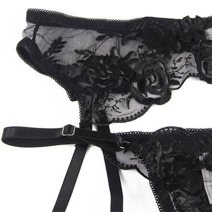 SUBBLIME - ENSEMBLE 3 PIÈCES SOUTIEN-GORGE + STRING + JARRETIÈRE IMPRIMÉ FLORAL NOIR S/M - 7eme ciel