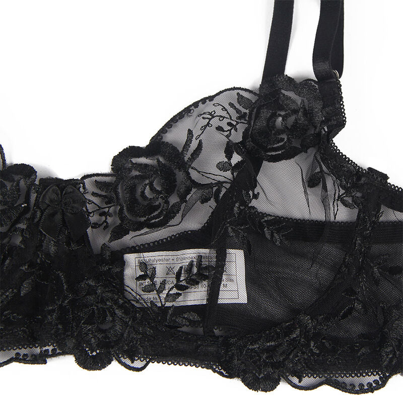 SUBBLIME - ENSEMBLE 3 PIÈCES SOUTIEN-GORGE + STRING + JARRETIÈRE IMPRIMÉ FLORAL NOIR S/M - 7eme ciel