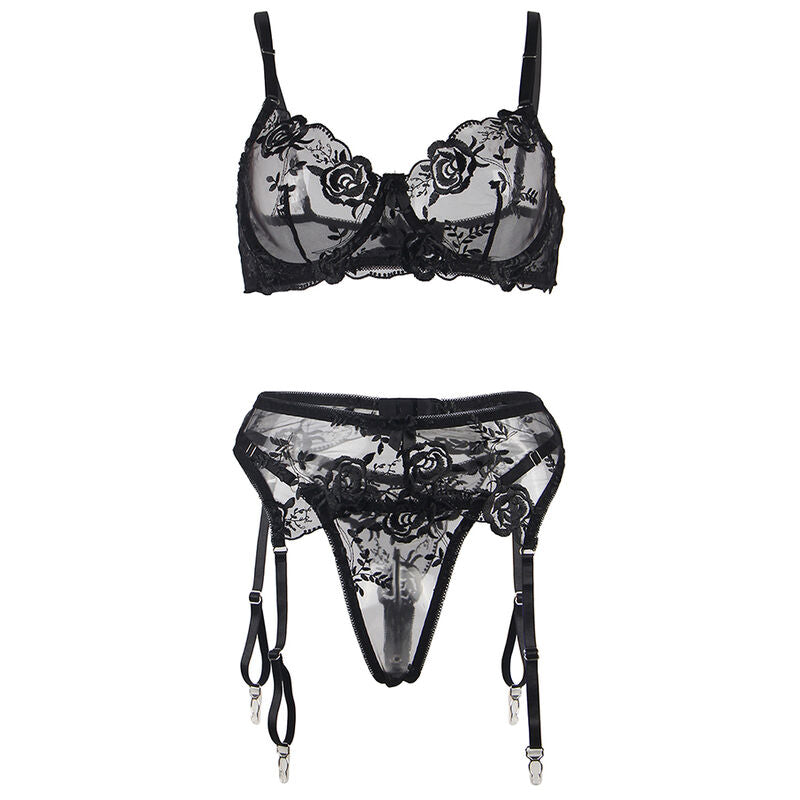 SUBBLIME - ENSEMBLE 3 PIÈCES SOUTIEN-GORGE + STRING + JARRETIÈRE IMPRIMÉ FLORAL NOIR S/M - 7eme ciel