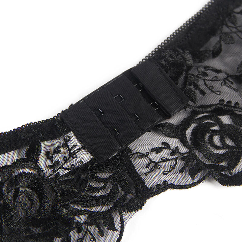 SUBBLIME - ENSEMBLE 3 PIÈCES SOUTIEN-GORGE + STRING + JARRETIÈRE IMPRIMÉ FLORAL NOIR S/M - 7eme ciel