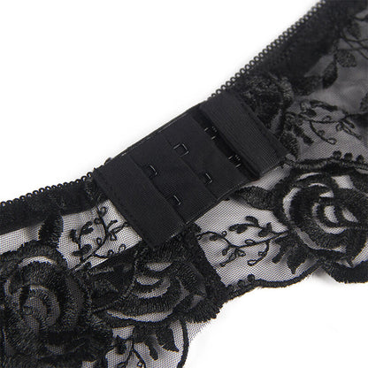SUBBLIME - ENSEMBLE 3 PIÈCES SOUTIEN-GORGE + STRING + JARRETIÈRE IMPRIMÉ FLORAL NOIR S/M - 7eme ciel