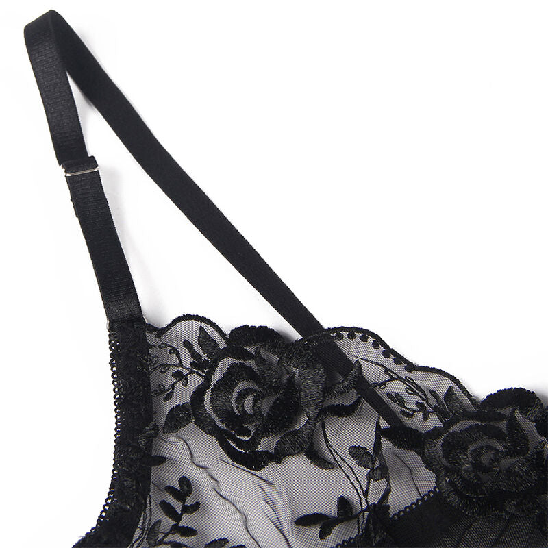 SUBBLIME - ENSEMBLE 3 PIÈCES SOUTIEN-GORGE + STRING + JARRETIÈRE IMPRIMÉ FLORAL NOIR S/M - 7eme ciel