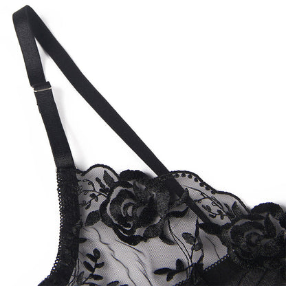 SUBBLIME - ENSEMBLE 3 PIÈCES SOUTIEN-GORGE + STRING + JARRETIÈRE IMPRIMÉ FLORAL NOIR S/M - 7eme ciel