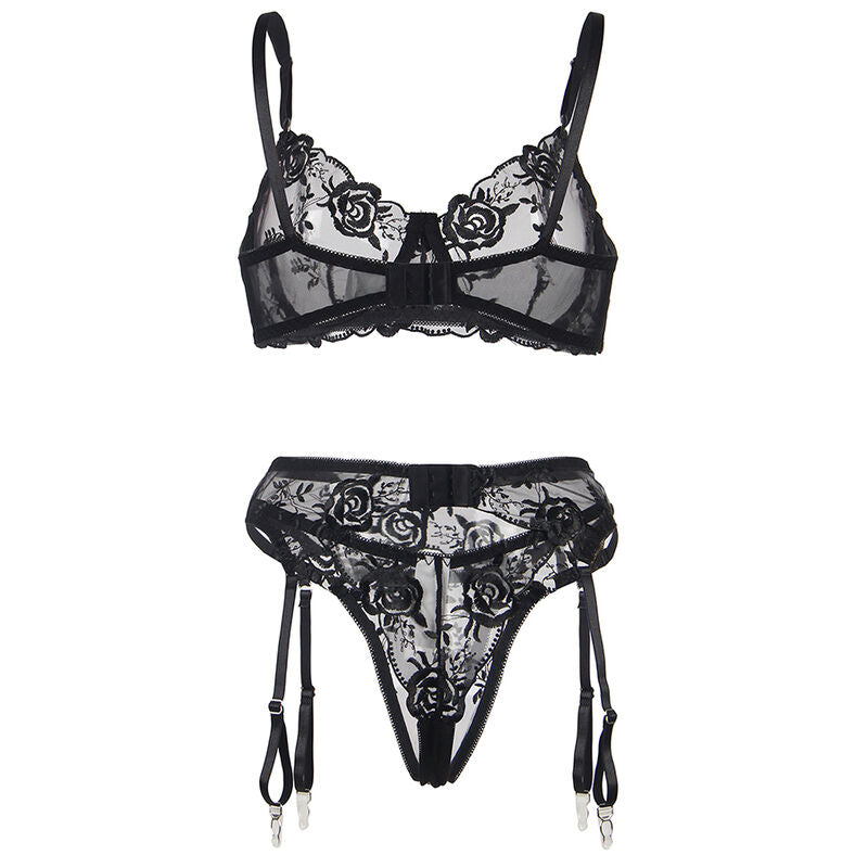 SUBBLIME - ENSEMBLE 3 PIÈCES SOUTIEN-GORGE + STRING + JARRETIÈRE IMPRIMÉ FLORAL NOIR S/M - 7eme ciel