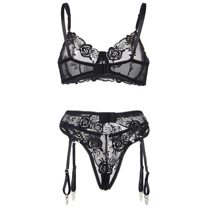 SUBBLIME - ENSEMBLE 3 PIÈCES SOUTIEN-GORGE + STRING + JARRETIÈRE IMPRIMÉ FLORAL NOIR S/M - 7eme ciel