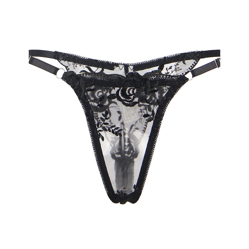 SUBBLIME - ENSEMBLE 3 PIÈCES SOUTIEN-GORGE + STRING + JARRETIÈRE IMPRIMÉ FLORAL NOIR S/M - 7eme ciel