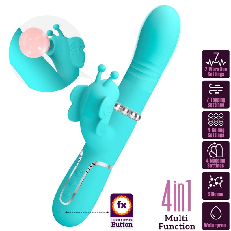 PRETTY LOVE - VIBRATEUR MULTIFONCTION LAPIN 4 EN 1 PAPILLON AQUA VERT - 7eme ciel