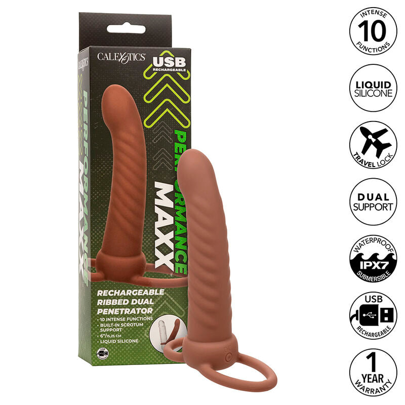 CALEXOTICS - MAXX RIBBED DOUBLE PÉNÉTRATEUR 10 VIBRATIONS MARRON - 7eme ciel