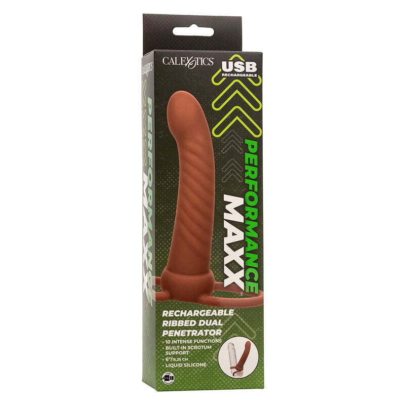 CALEXOTICS - MAXX RIBBED DOUBLE PÉNÉTRATEUR 10 VIBRATIONS MARRON - 7eme ciel