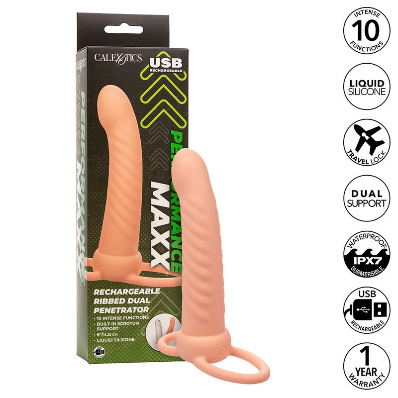 CALEXOTICS - MAXX DOUBLE PÉNÉTRATEUR NERVURÉ 10 VIBRATIONS FLESH - 7eme ciel