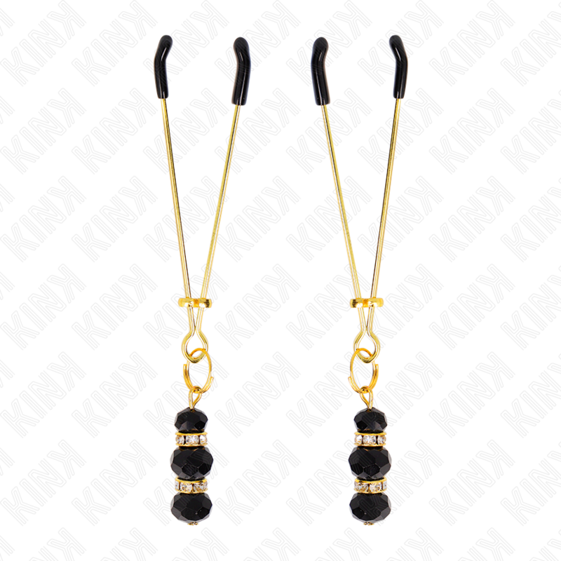 KINK - PINCES À TETON FINES OR AVEC 3 BILLES DE VERRE NOIR 7 CM - 7eme ciel