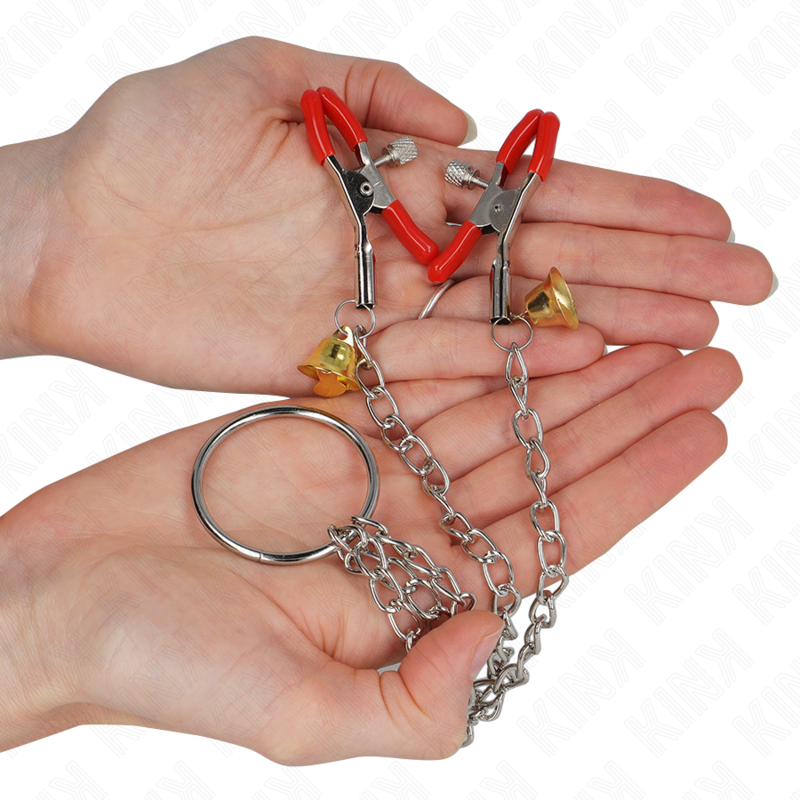 KINK - PINCES À TAMELON ET CLITO BELL TRIPLE ROUGE AVEC CHAINE 30 CM - 7eme ciel