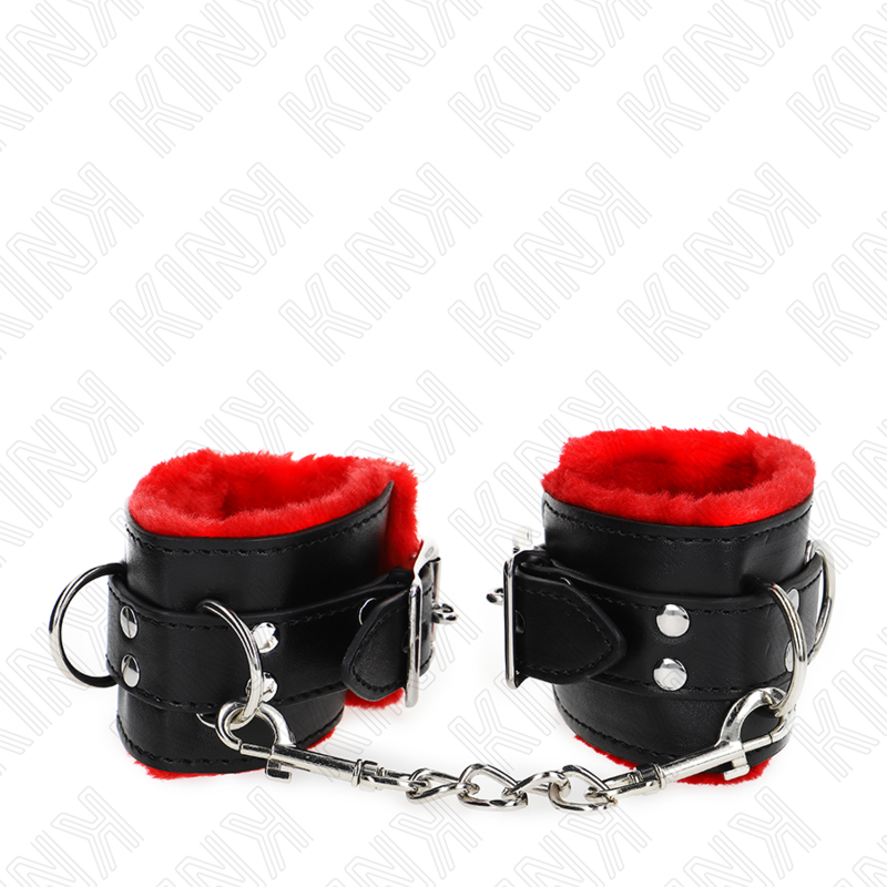 KINK - APPUI-POIGNETS DOUBLÉS DE FOURRURE AVEC TROUS CARRÉS CEINTURE ROUGE ET NOIRE RÉGLABLE 17-29 CM X 6 CM - 7eme ciel