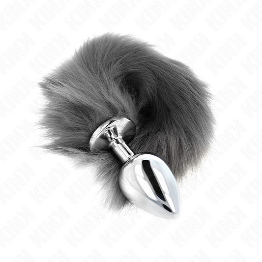 KINK - PLUG ANAL TAILLE L 10 X 4 CM AVEC QUEUE SYNTHÉTIQUE 40 CM GRIS ET BLANC - 7eme ciel