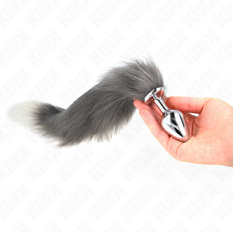 KINK - PLUG ANAL TAILLE M 8 X 3,5 CM AVEC QUEUE SYNTHÉTIQUE 40 CM GRIS ET BLANC - 7eme ciel