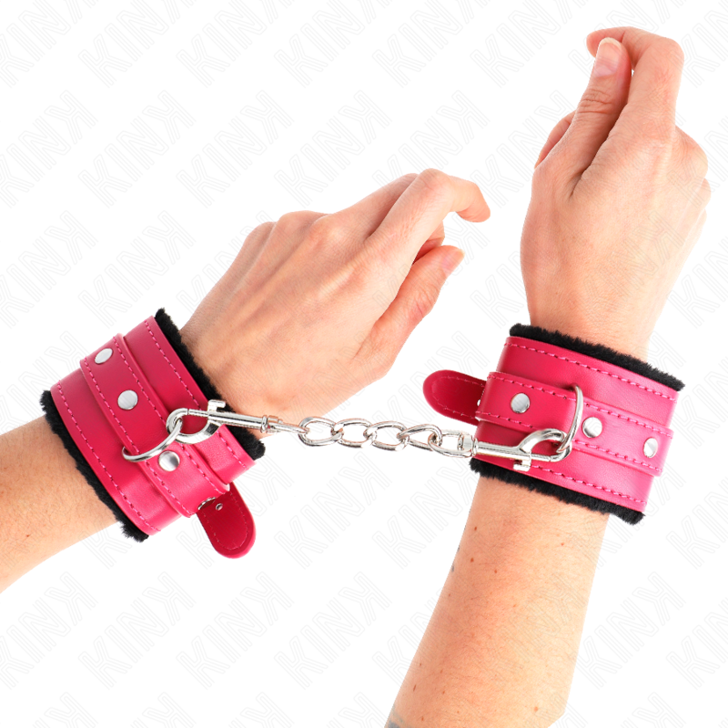 KINK - APPUI-POIGNETS DOUBLÉS DE FOURRURE PREMIUM NOIR AVEC CEINTURE ROSE FRAMBOISE AJUSTABLE 17-29 CM X 6 CM - 7eme ciel