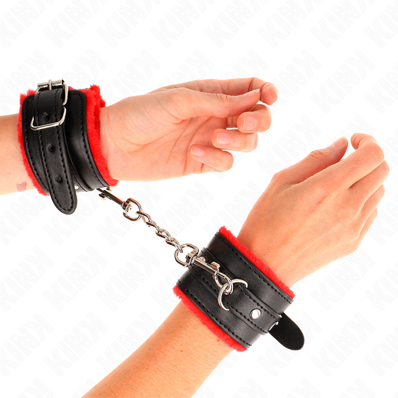KINK - APPUI-POIGNETS DOUBLÉS DE FOURRURE PREMIUM ROUGE AVEC CEINTURE NOIRE RÉGLABLE 17-29 CM X 6 CM - 7eme ciel