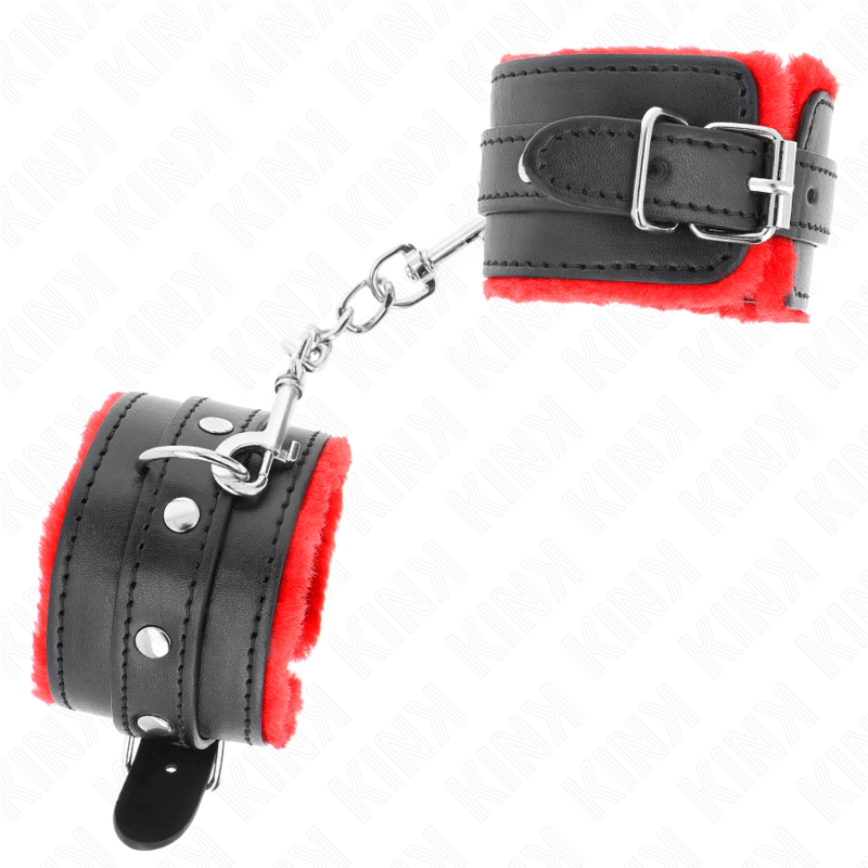 KINK - APPUI-POIGNETS DOUBLÉS DE FOURRURE PREMIUM ROUGE AVEC CEINTURE NOIRE RÉGLABLE 17-29 CM X 6 CM - 7eme ciel