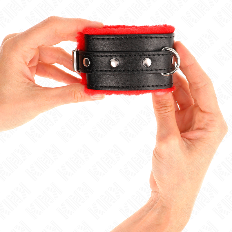 KINK - APPUI-POIGNETS DOUBLÉS DE FOURRURE PREMIUM ROUGE AVEC CEINTURE NOIRE RÉGLABLE 17-29 CM X 6 CM - 7eme ciel