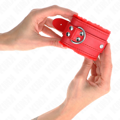 KINK - APPUI-POIGNETS DOUBLÉS DE FOURRURE ROUGE AVEC CEINTURE ROUGE RÉGLABLE 17-29 CM X 6 CM - 7eme ciel