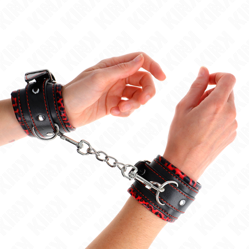 KINK - APPUI-POIGNETS DOUBLÉS DE FOURRURE ROUGE / NOIR RÉGLABLE 17-29 CM X 6 CM - 7eme ciel